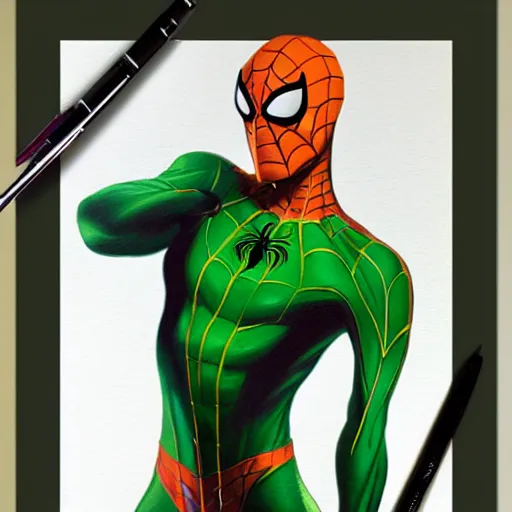 Image similar to an orange and green spiderman by artgerm