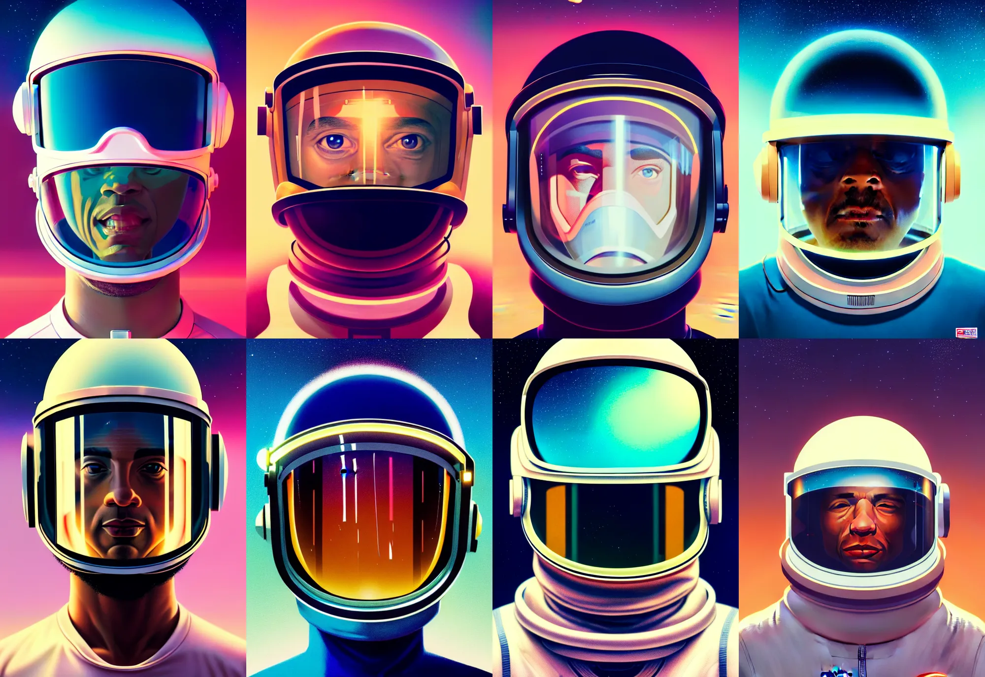 Prompt: retrofuturistic portrait of a light skinned man in astronaut helmet, smooth transparent visor, reflective gradient, detailed space graphics in background, close up, quint buchholz, wlop, dan mumford, artgerm, liam brazier, peter mohrbacher, raw, featured on artstation, octane render, cinematic, elegant, intricate, 8 k