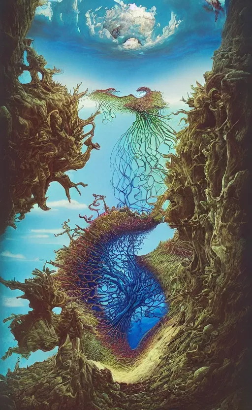 Image similar to ultrawide angle colour masterpiece surreal closeup portrait photography of surrealism by miho hirano and annie leibovitz and michael cheval, weird surreal epic psychedelic complex biomorphic 3 d fractal landscape in background by kilian eng and roger dean and salvador dali and beksinski, 8 k