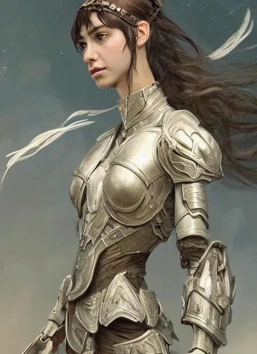 Image similar to a professional portrait of a beautiful young female, clothed in ethereal battle armor, olive skin, long dark hair, beautiful bone structure, symmetrical facial features, intricate, elegant, digital painting, concept art, smooth, sharp focus, finely detailed, illustration, from Valerian and the City of a Thousand Planets, in the style of Ruan Jia and Mandy Jurgens and Artgerm and Greg Rutkowski and William-Adolphe Bouguerea