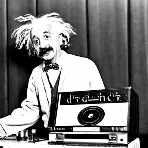 Prompt: photo of Albert Einstein DJing a phonograph, vintage