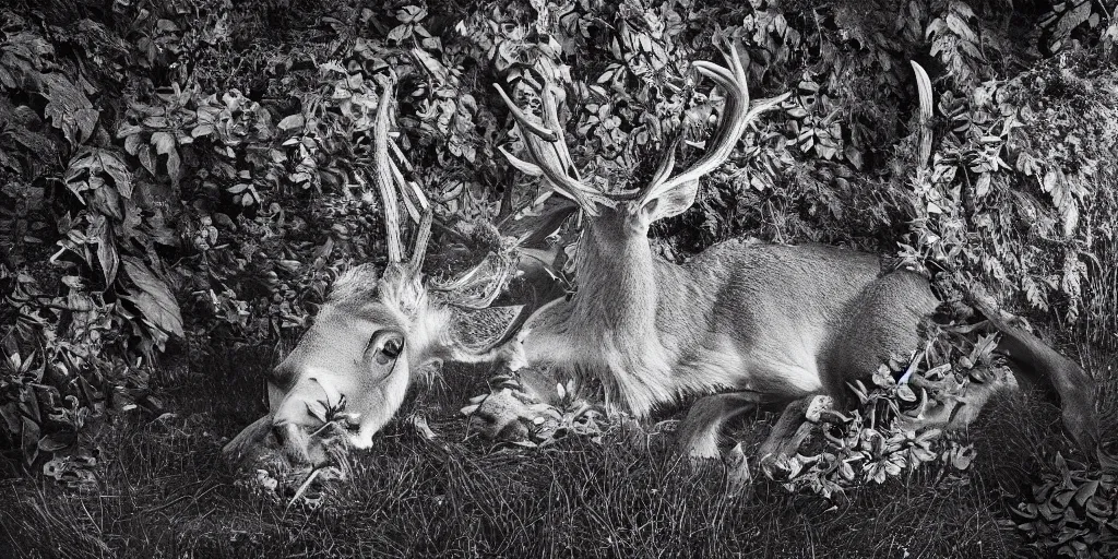 Image similar to portrait of deer getting overgrown by roots, edelweiss growing on his head, forest, dolomites, alpine, detailed intricate insanely detailed octane render, 8k artistic 1920s photography, photorealistic, black and white, chiaroscuro, hd, by David Cronenberg, Raphael, Caravaggio