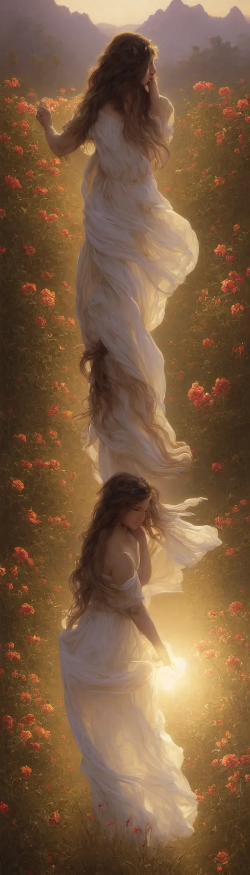 Prompt: oil painting portrait of a young woman with long flowing hair in a white dress, dancing through a field of flowers at sunset with mountains in the background, hazy, chiaroscuro, artstation, cinematic, golden hour, digital art painting by greg rutkowski, william - adolphe bouguereau, hazy atmosphere, flowers, cinematic lighting