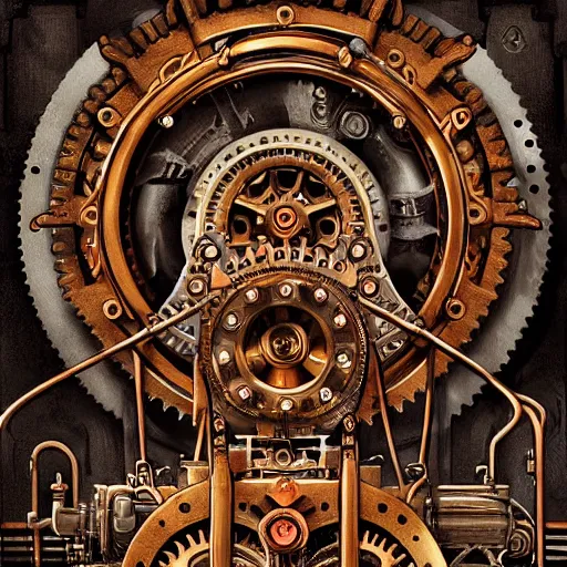 Prompt: A symmetrical and highly detailed illustration of a gears, cogs, and steam punk machinery, steam punk, highly detailed, by Butcher Billy and Filip Hodas