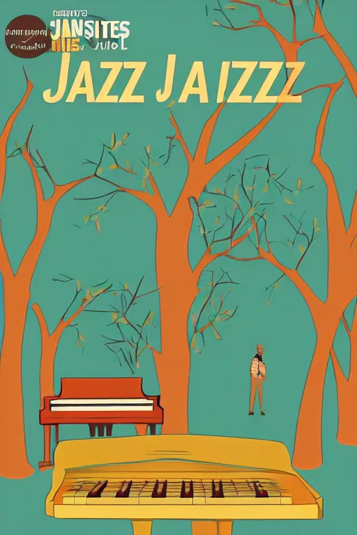 Prompt: jazz festival poster ( a piano under trees ), ( no text )!, vector graphics, svg, fun, music, undraw style, pinterest, artstation, inkscape, colorful