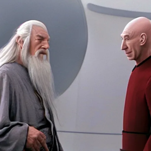 Prompt: Gandalf on the bridge of the USS Enterprise next to jean Luc Picard