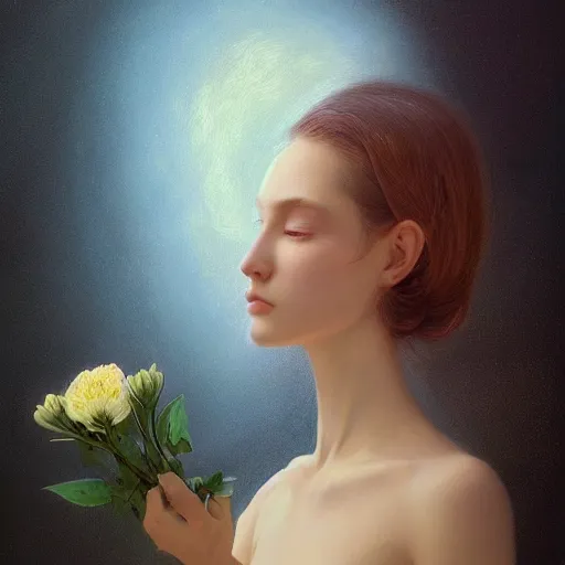 Image similar to portrait of god, holding a bouquet of flowers ， exude an eternity ， hyperrealistic, by beeple, greg rutkowski, caspar david friedrich, smooth, illustration, elegant, artstation, digital painting.