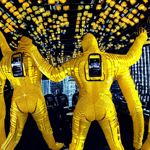 Prompt: love, diverse yellow cybersuits, from behind, connection rituals, wide wide angle, vivid, elaborate, highly detailed, beautiful lighting