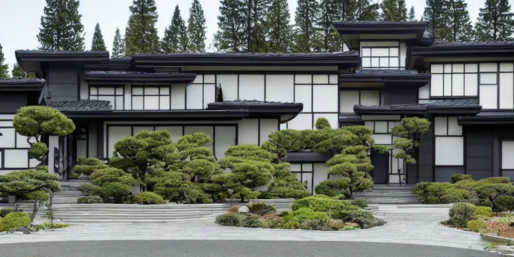 Prompt: large modern residence, pacific northwest japanese style, flared japanese black tile roof, many windows, elegant