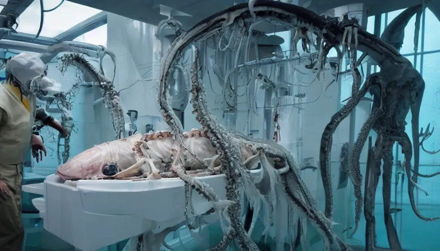 Prompt: Big budget horror movie set in an undersea biolab about a cyborg doing an autopsy on a giant squid's skeleton