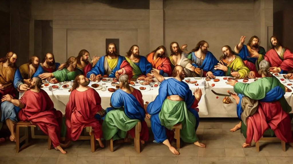 Prompt: baroque painting of the last supper of robots
