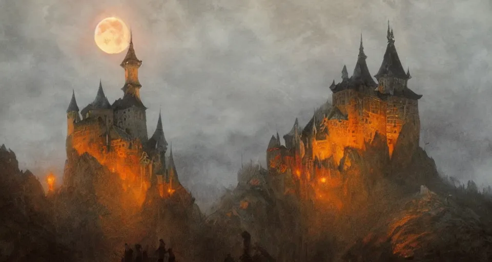 Prompt: dracula's castle rising up from the mist at night silhouetted by a single huge bloodmoon, anders zorn, stephen hickman, thomas kincade, brutalist, James Paick, Julian Falat, ultra realistic, trending on artstation, lava, dungeons and dragons, warm saturated colors, spooky, haunted