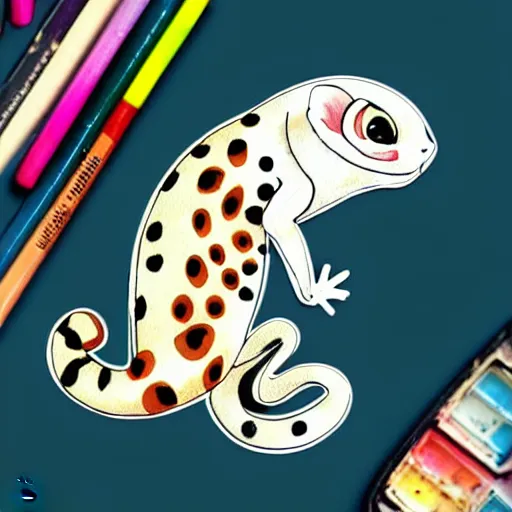 Image similar to A very beautiful sticker art of a leopard gecko cat, fluffy, friendly, soft colors, watercolor, cute, white background, high quality, smooth lines, trending on ArtStation, anime, Instagram