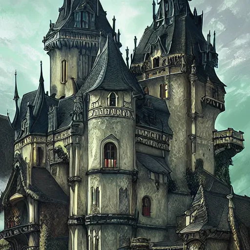 Image similar to a fantasy goth castle on hill, digital art, photorealistic, dark theme, smooth, sharp focus, artgerm, alphonse mucha