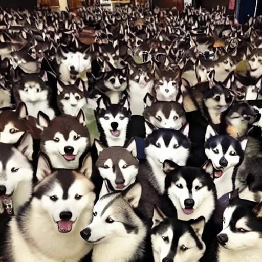 Image similar to a room filled with hundreds of huskies