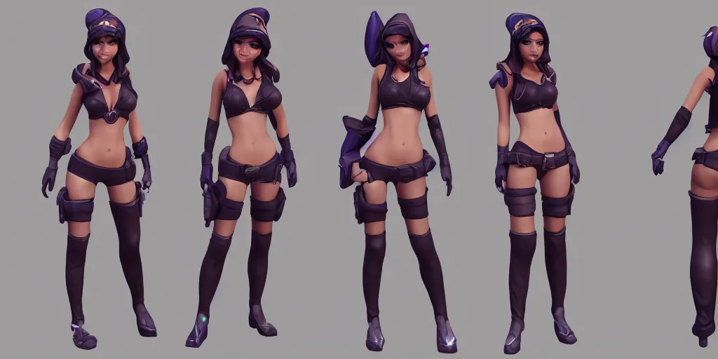 Image similar to rendered character sheet of Pool party Caitlyn in the game League of Legends, unreal engine 53d trending on art station