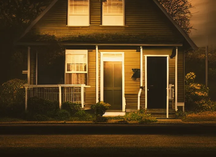 Image similar to small suburban houses in America at night inspired by Edward Hopper, Photographic stills, photography, fantasy, moody lighting, dark mood, imagination, cinematic