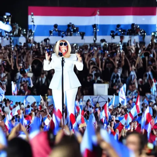 Image similar to Lady Gaga as president, Argentina presidential rally, Argentine flags behind, bokeh, giving a speech, detailed face, Argentina