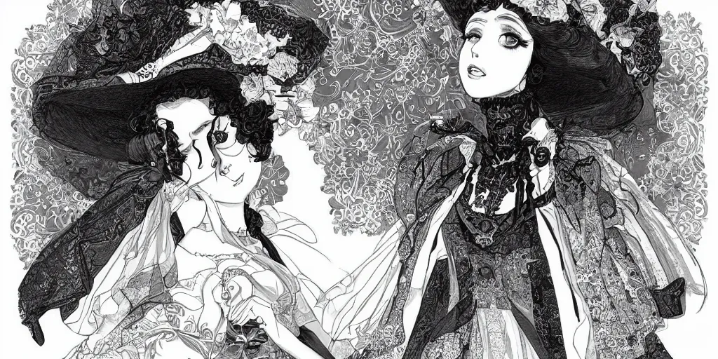 Image similar to Portrait a woman in Victorian clothing, Art by Yana Toboso, manga, black and white, japanese ink, high contrast, digital art