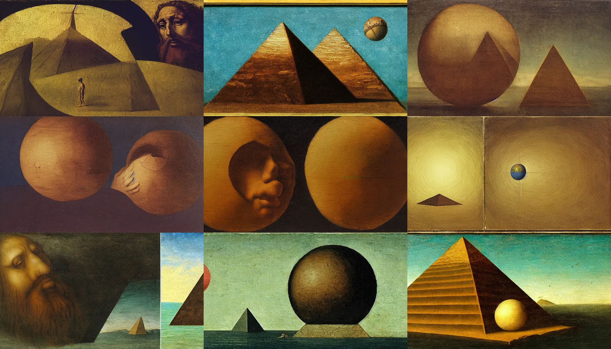 Prompt: an oil painting of a large man staring at a sphere rolling off the side of a pyramid, underwater, sideview, art by leonardo da vinci, using gradients and the degrade technique