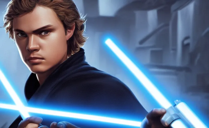 Prompt: a portrait of anakin skywalker looking firmly into the camera, wielding a blue lightsaber, detailed, cinematic, raytracing, realistic, detailed, cinematic, raytracing, realistic