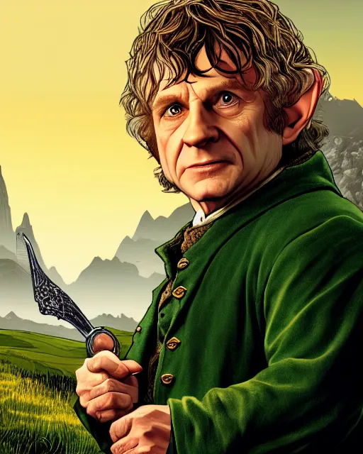 Image similar to Bilbo Baggins from Lord of the rings in GTA V loading screen, GTA V Cover art by Stephen Bliss, boxart, loading screen,