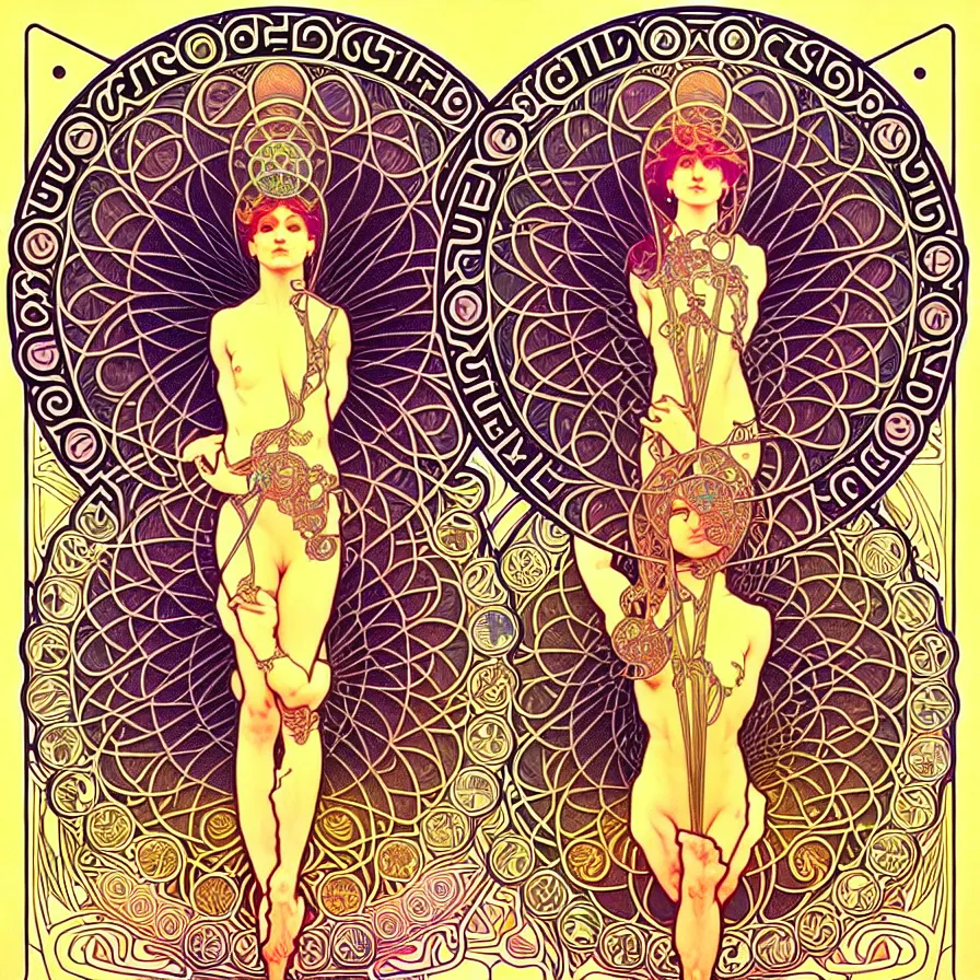 Image similar to psychedelic sacred geometry, intricate, sophisticated, ultra realistic, incredibly detailed, diagram, illustration, trending on artstation, art by alphonse mucha