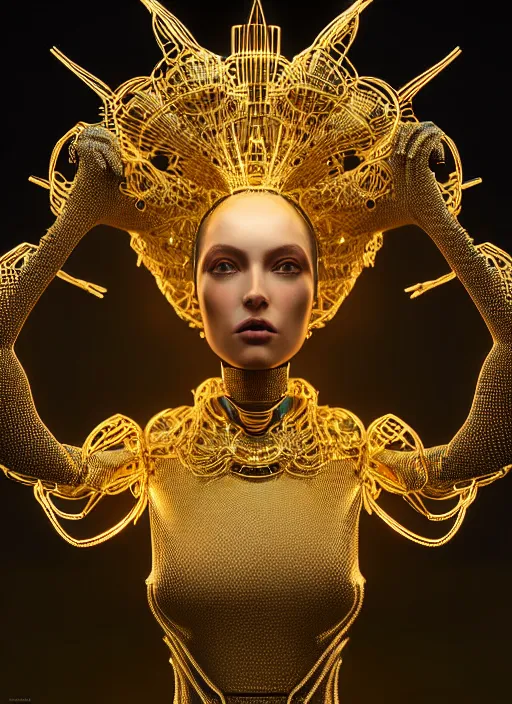 Image similar to three dimensional blueprints for an absurdly beautiful, graceful, sophisticated, fashionable futuristic female golden robot, hyperdetailed illustration by irakli nadar and alexandre ferra, intricate linework, faberge, intricate gold headdress, dark atmosphere, unreal engine 5 highly rendered, global illumination, radiant light, detailed and intricate environment