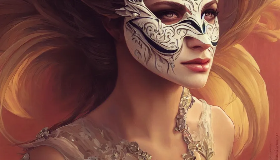 Image similar to masked, perfectly-centered-Portrait of the most beautiful woman on the planet , evil, intricate, highly detailed, digital painting, artstation, concept art, smooth, sharp focus, illustration, Unreal Engine 5, 8K, art by artgerm and greg rutkowski and alphonse mucha