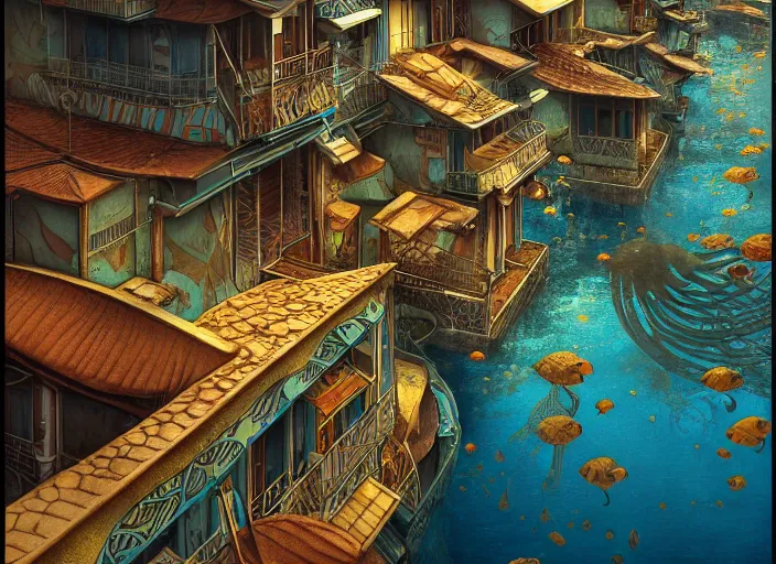 Image similar to art nouveau favela, underwater environment, scenery, professional, award - winning, trending on artstation, hyper detailed, realistic, beautiful, emotional, shiny, golden, picture