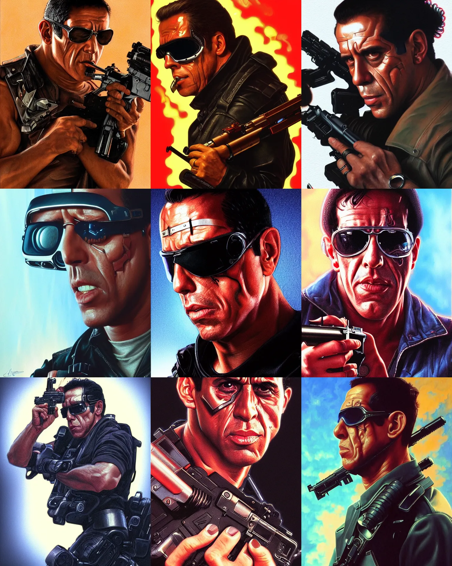 Prompt: close portrait adriano celentano as terminator, vaporwave, terminator 2 movie, scene with machine gun, cigar, highly detailed, digital painting, artstation, concept art, smooth, sharp focus, illustration, art by artgerm and greg rutkowski and alphonse mucha