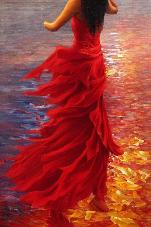 Image similar to detailed oil painting of spanish flamenco dancer walking waist deep into a crystal clear lake wearing a red dress made of flowers that's engulfed in flames, dimly lit, looking away, dark shadows, ethereal, foggy, moody, surreal