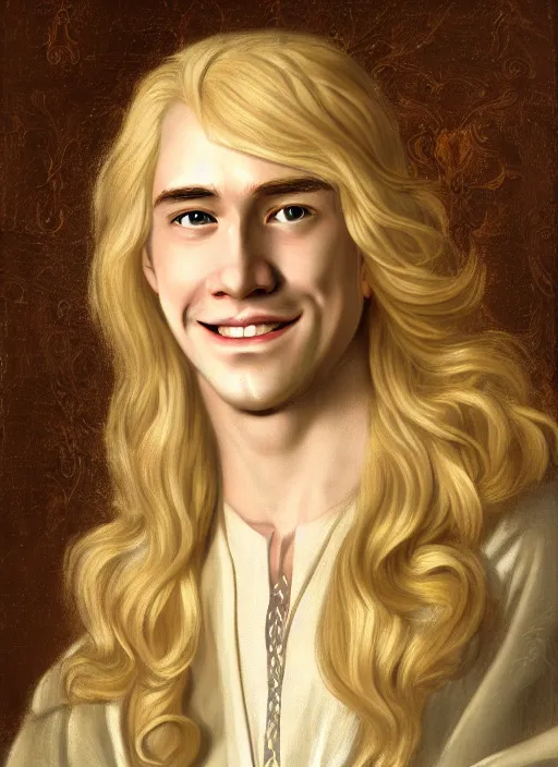 Image similar to portrait of a smiling blond handsome man with long hair in baroque art, anime inspired, High Res 8K,hyperdetailed