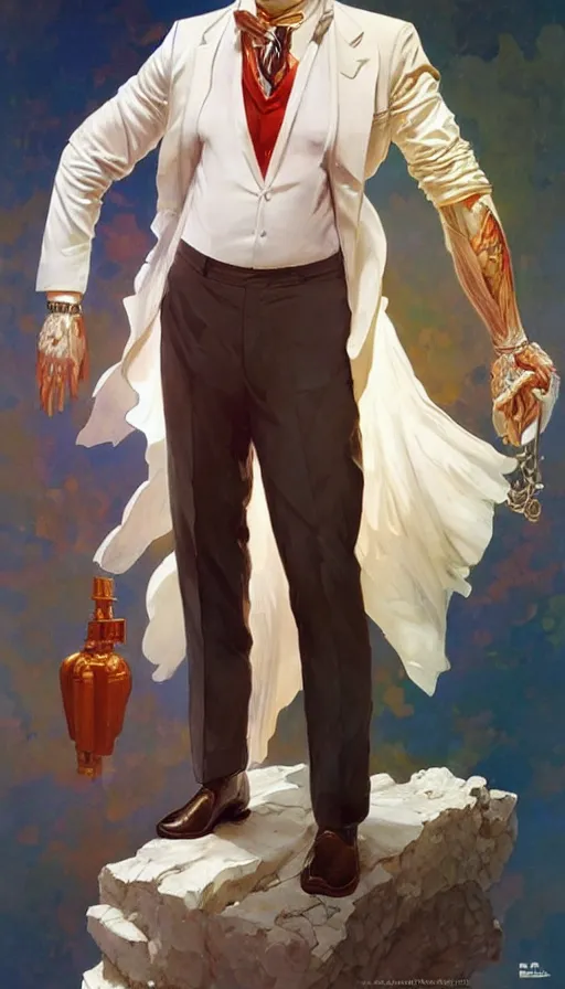 Image similar to a full body portrait of colonel sanders the greek god!! extremely beautiful, anatomically accurate, by artgerm and by greg rutkowski and by alphonse mucha and by simon bisley, radiant light, detailed and intricate environment,