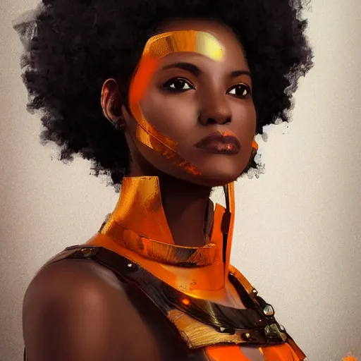 Image similar to beautiful portrait of an african american woman with an orange glow on her face medieval metallic knight armor, artstation, cgsociety, masterpiece, dark fantasy