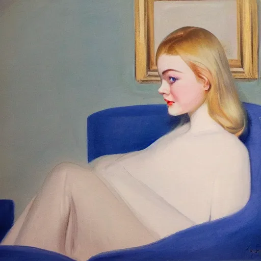 Prompt: Painting of Elle Fanning in a 60s ad, long blonde hair, delicate, pale milky white porcelain skin, by Edward Hopper. 8K. Extremely detailed.