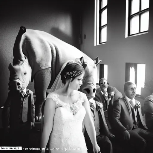 Prompt: a rhinoceros wearing a tiny suit in a wedding chapel, photo realistic, detailed, cinematic lighting, polaroid