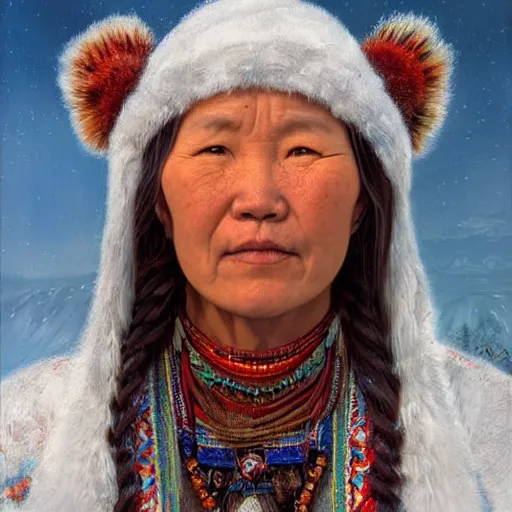 Image similar to portrait of a tuvans woman ( 3 5 ) from tuva, siberia, russia in 2 0 2 1, an oil painting by ross tran and thomas kincade