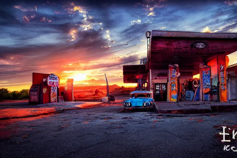 Image similar to a sunset light landscape with historical route 6 6, lots of sparkling details and sun ray ’ s, blinding backlight, smoke, volumetric lighting, colorful, octane, 3 5 mm, abandoned gas station, old rusty pickup - truck, beautiful epic colored reflections, very colorful heavenly, softlight