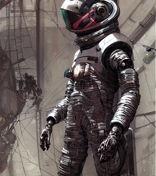 Image similar to realistic cyberpunk engineer with long limbs and a black spacesuit on a spacewalk, techwear, dead space, visible face, Industrial Scifi, detailed illustration, character portrait, by Ashley Wood and Moebius