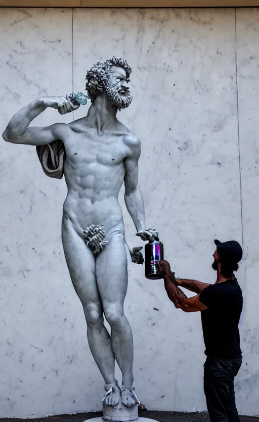 Image similar to sculpture of a graffiti artist holding a spray can by michelangelo, carrara marble, 4 k