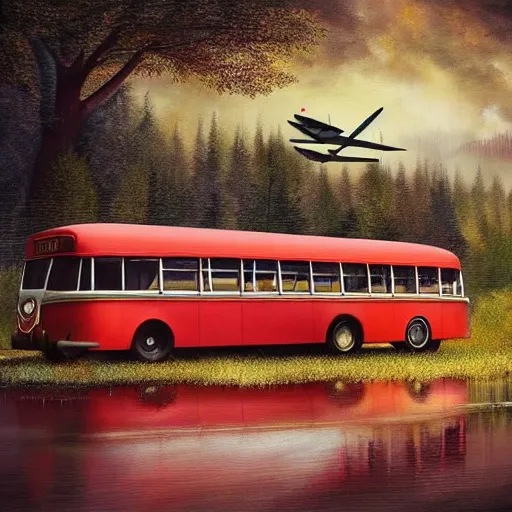 Image similar to a [ 5 0 s bus has airplane wings ] as it floats above a forest and lake, [ oil painting ]!!, trending on cgsociety, 4 k