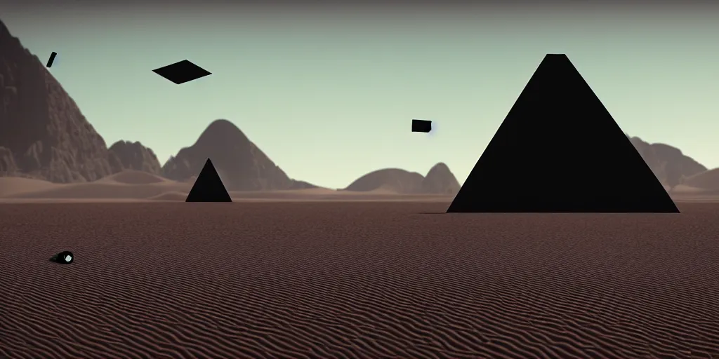 Image similar to an enormous tall alien black geometric rectangle in the desert, a large line of people are walking toward it in a line! starting at the foreground and ending at the building, single file, in the foreground on a rock is an alien creature catching a fly with its tongue, two suns are in the sky, clear skies, volumetric light, hyperdetailed, artstation, cgsociety, 8k