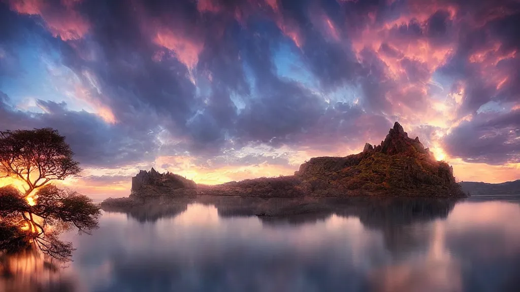 Image similar to amazing photo of a fairy castle with a lake in sunset by marc adamus, beautiful dramatic lighting