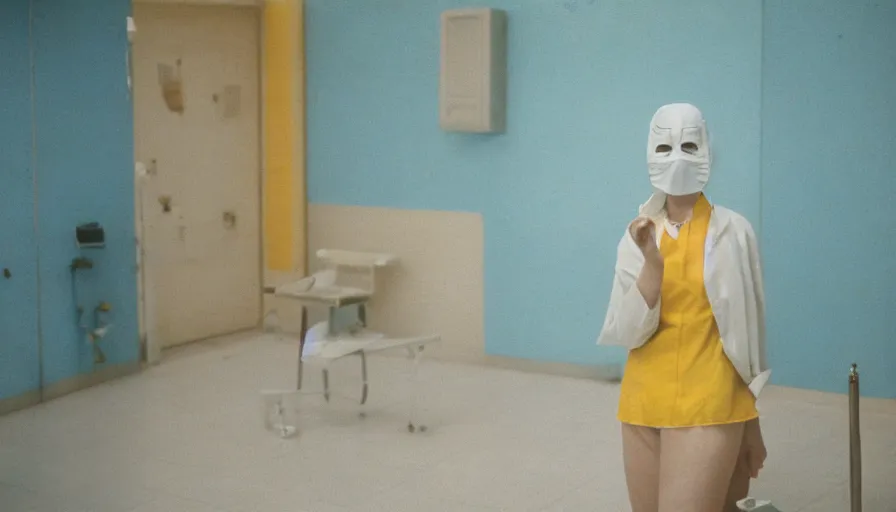 Image similar to 60s movie still of a white japanese female phantom mask in an empty soviet stalinist style hospital with yellow tiles floor with light blue beds, cinestill 800t 35mm technicolor, heavy grain, high quality, higly detailed, liminal space