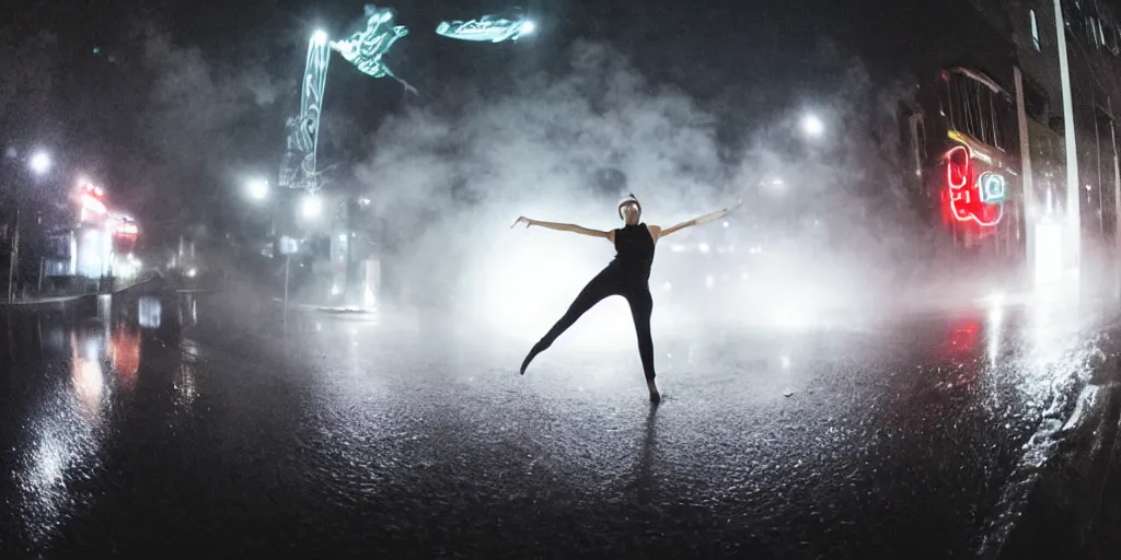 Prompt: fisheye lens slow motion with long trail effect of sci-fi break dancer wearing floating long dress with neon lights, long exposure shot , at night in the middle of a rainy wet street, paddle of water, steam, fog, water splashes, rim lights, glossy reflections, water droplets on lens, octane render, dark and dramatic, fire explosions in the background, detailed and soft, fisheye lens, smooth, sharp focus, illustration, art by artgerm and greg rutkowski and Giger, graphic glitches, vhs recording