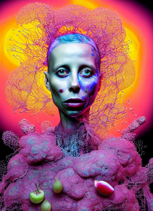 Image similar to hyper detailed 3d render like a Oil painting - Yolandi Visser seen Eating of the Strangling network of yellowcake aerochrome and milky Fruit and Her delicate Hands hold of gossamer polyp blossoms bring iridescent fungal flowers whose spores black the foolish stars by Jacek Yerka, Mariusz Lewandowski, Houdini algorithmic generative render, Abstract brush strokes, Masterpiece, Edward Hopper and James Gilleard, Zdzislaw Beksinski, Mark Ryden, Wolfgang Lettl, hints of Yayoi Kasuma, octane render, 8k