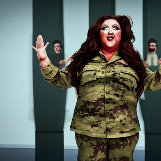 Image similar to abby lee miller dressed as a military dictator, giving a speech to her troops, cinematic lighting, trending on artstation, 4k, hyperrealistic, focused, extreme details, unreal engine 5, cinematic, masterpiece