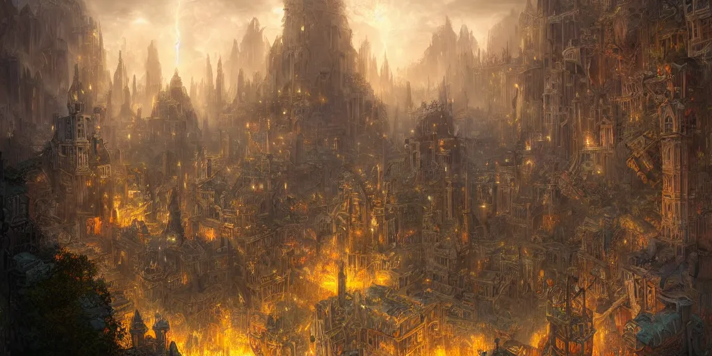 Prompt: tony diterlizzi and brom's beautiful painting of the planescape city of sigil, digital art, volumetric lightning, intricate details, by art germ, by greg rutkowski, vibrant colors, amazing fantasy art, clear sharp image, dehazed image