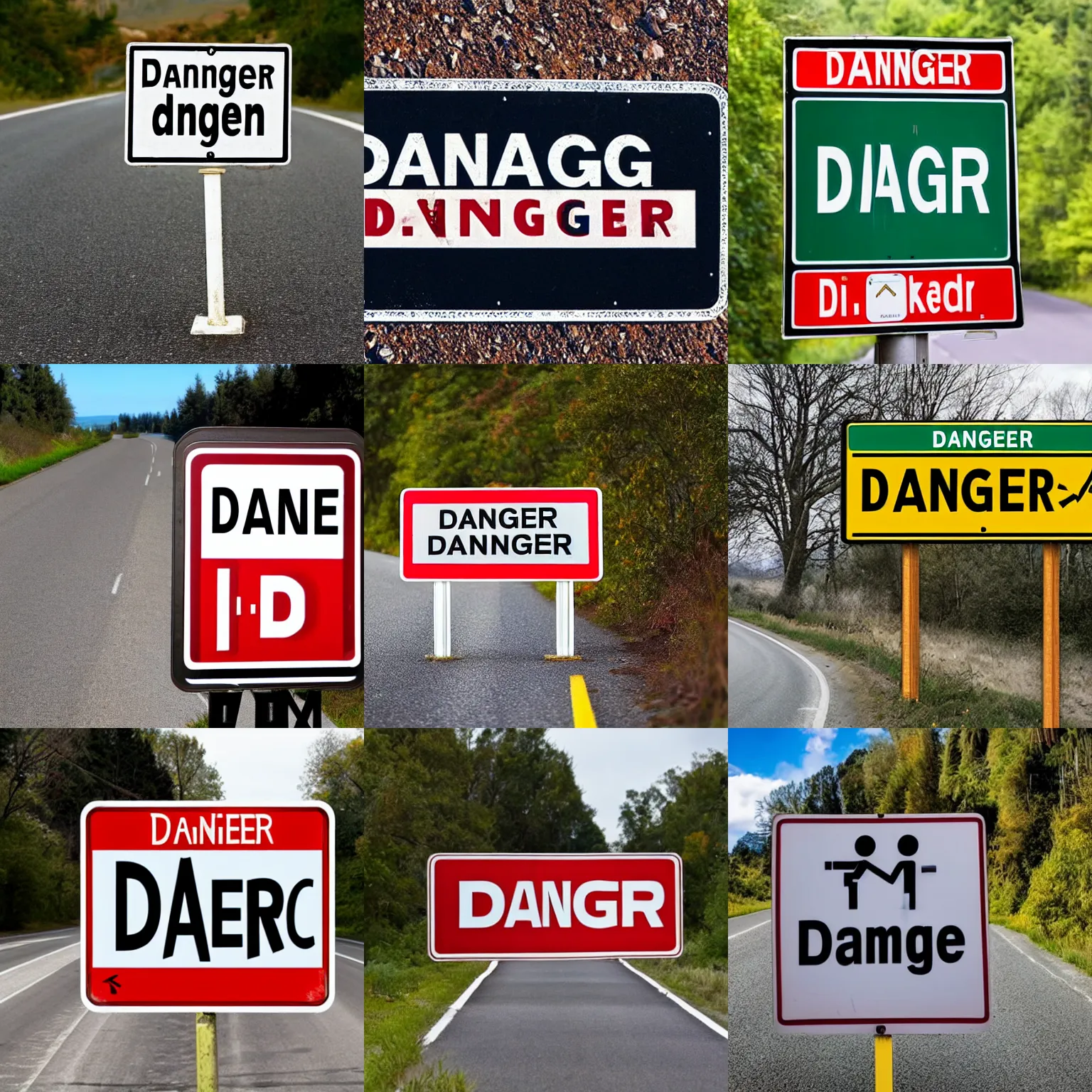 Prompt: photo of a road sign that says DANGER in English, spelled correctly as D-A-N-G-E-R
